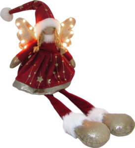 ANGEL WITH LIGHTS, SITTING 40 CM RED, STAR PATTERN, HANGING FOOT