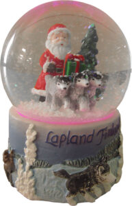 SNOW GLOBE, SANTA + HUSKY SLED 9 CM LAPLAND / FINLAND, LED LIGHTS