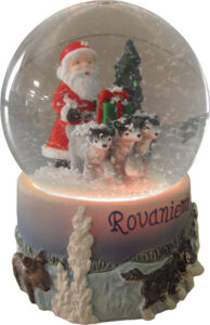 SNOW GLOBE, SANTA + HUSKY SLED 9 CM ROVANIEMI, LED LIGHTS