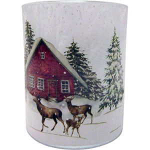 CANDLE HOLDER, REINDEER WINTER LANDSCAPE+RED COTTAGE 8CM