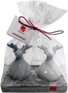 SALT AND PEPPER SHAKERS, REINDEER + HOLDER / CELLOPHANE