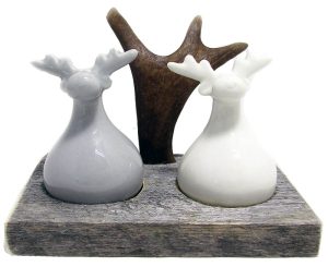 SALT AND PEPPER SHAKERS, REINDEER + HOLDER / ANTLER HANDLE