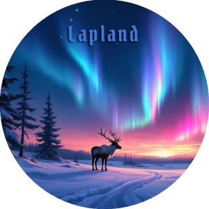 ROUND MAGNET, REINDEER+NORTHERN LIGHTS