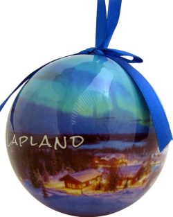CHRISTMAS BAUBLE, VILLAGE IN WINTER NIGHT/NORTHERN LIGHTS LAPLAND/FINLAND