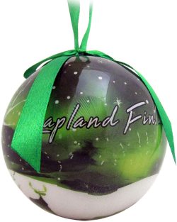 CHRISTMAS BAUBLE, GREEN/REINDEER/NORTHERN LIGHTS LAPLAND/FINLAND